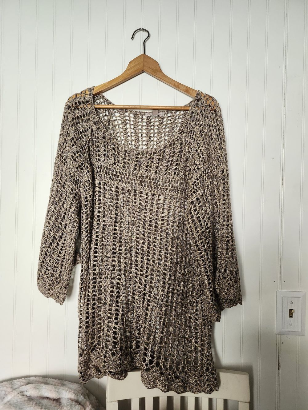 CB Brand, Established 1962, Taupe Open-Weave Scoop Neck Tunic Sweater